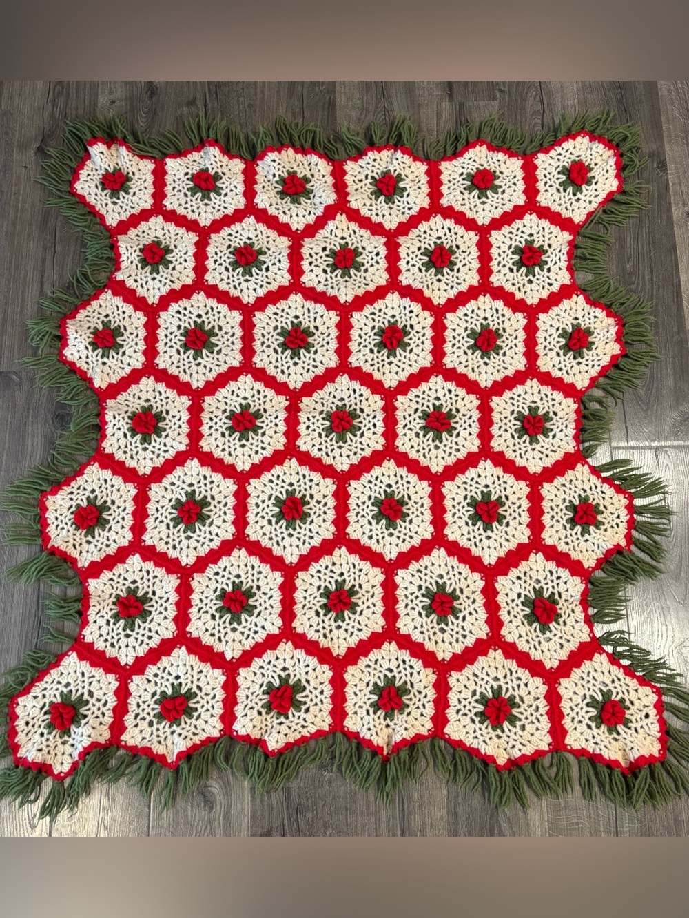 Granny Square Handmade Red, White & Green Holiday Mistletoe? Crochet Throw